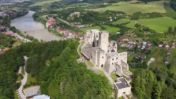 Aerial view of the castle in the village of Strecno in Slovakia