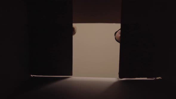 View From Inside a Cardboard Box on Two Cheerful Young Caucasian Girls Looking Into It and Smiling