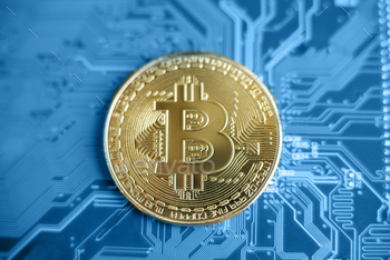 oin, BTC, Bit Coin. Macro shot of Bitcoin Blockchain technology, bitcoin mining concept. Soft selective focus