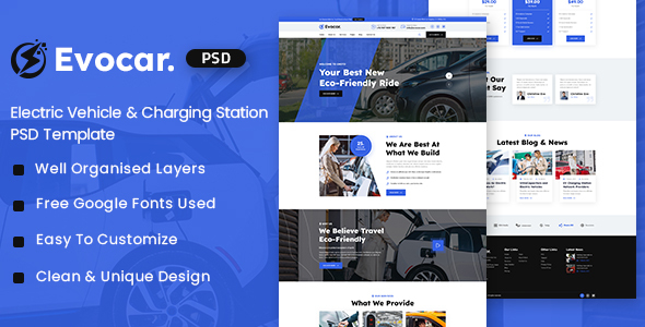 Evocar – Electric Vehicle & Charging Station PSD Template – 0 Sold!