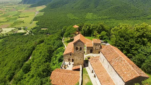 Aerial shot of amazing Nekresi monastery and Alazani valley in Georgia, tourism