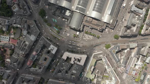 AERIAL: High Overhead Top Down Birds View Shot of Frankfurt Am Main, Germany Central Train Station