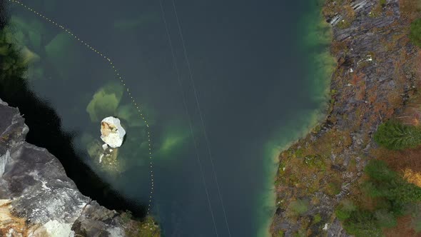 Mountain Park Ruskeala at Autumn Season. Marble Canyon in Sortavala Region. Aerial View From Drone