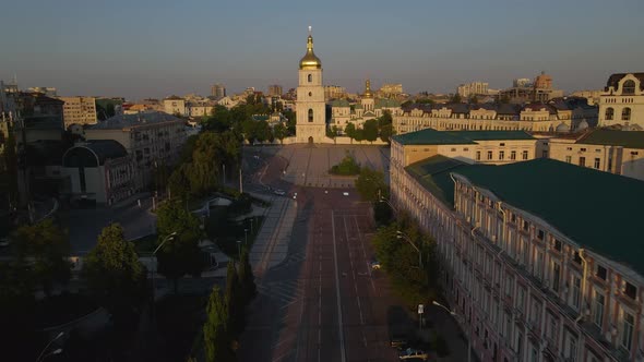 Flying Over the Streets Towards Pechersk Lavra in Kyiv Ancient Monastery