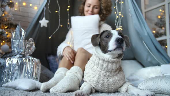 Young Woman And Dog Relaxing At Home On Christmas