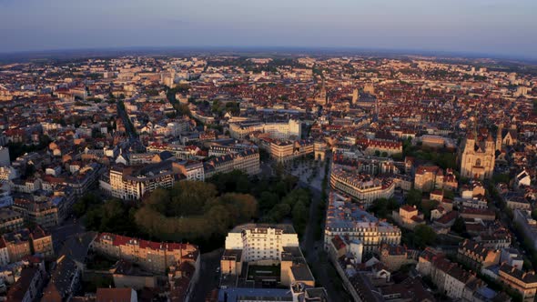 Dijon France Wide Drone City view at golden hour 4k 30p