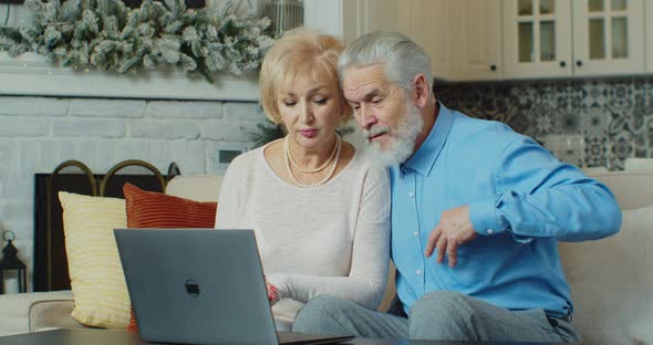 Senior Old Couple Using Laptop Entering Credit Card Data Making Purchase on Internet Buying Services