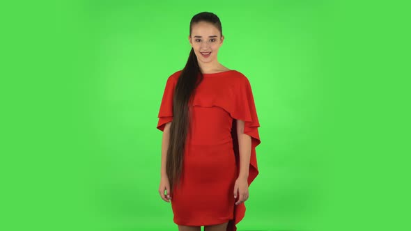 Pretty Young Woman Is Coquettishly Smiling Broadly and Winking. Green Screen