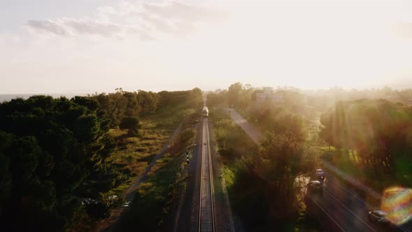 Aerial view of a railway at sunset time.