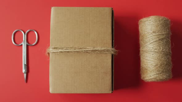 Scissors, box, string and fir tree branch on red background