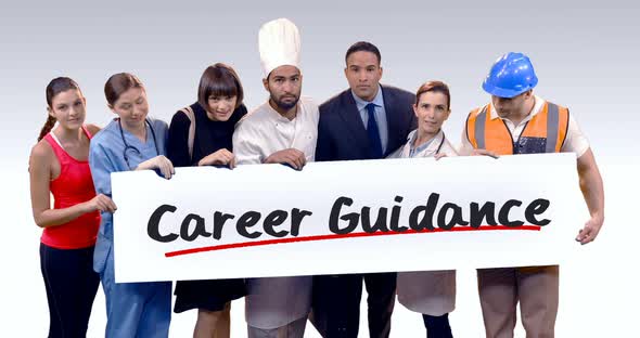 Various professional holding placard of career guidance text