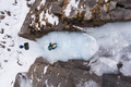 Woman is leading on Ice. Ice Climbing on Frozen Waterfall, Drone Shot. Barskoon Valley, Kyrgyzstan - PhotoDune Item for Sale