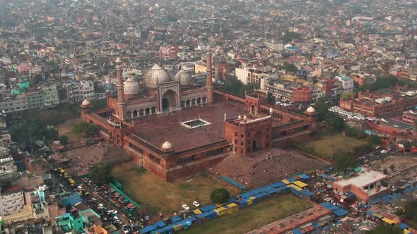 New Delhi, India, "Jama Masjid" mosque 4k aerial drone video