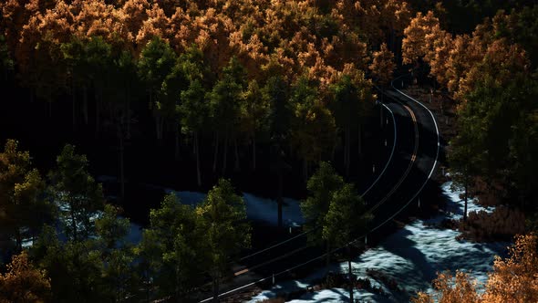 Aerial Over a Winding Forest Road in Finland During Sunset