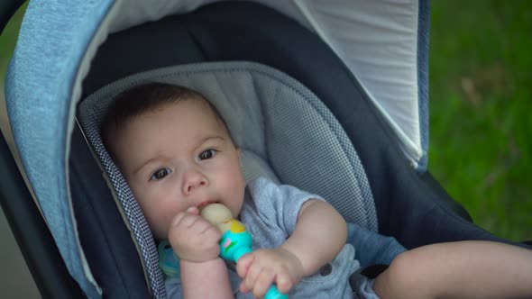 A Sixmonthold Child Lies in a Stroller and Gnaws on a Toy