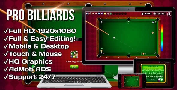 [Download] Pro Billiards – HTML5 Game + Mobile Version! (Construct 3 | .c3p)