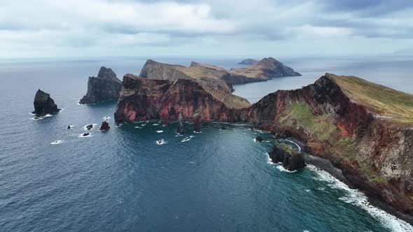 High aerial of rugged eastern Madeira headland, Ponta de São Lourenço