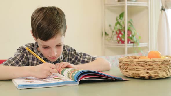 young boy preparing homework at home