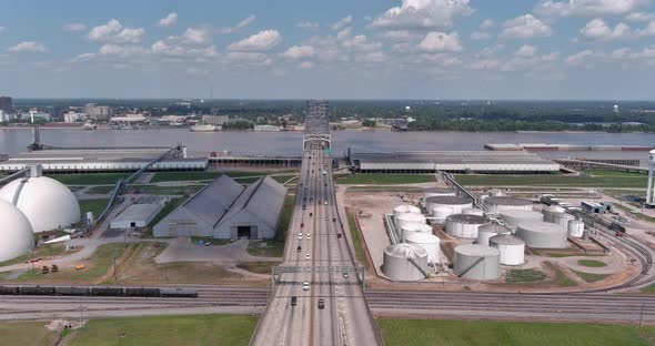 Aerial of cars driving over the Horace Wilkinson Bridge in Baton Rouge, Louisiana