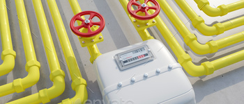 , counter meter and yellow pipeline on concrete wall background, 3d render