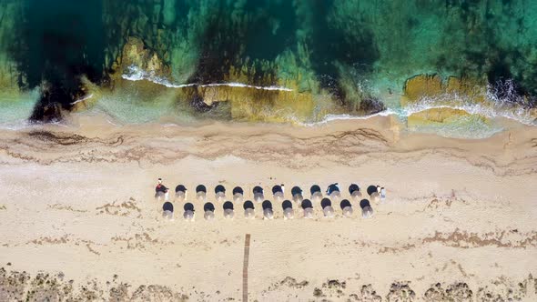 Umbrellas lined up on the sandy beach by the turquoise sea.