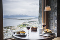 Delicious lunch with red wine at a table at a restaurant with amazing views of the Andes Mountains, - PhotoDune Item for Sale