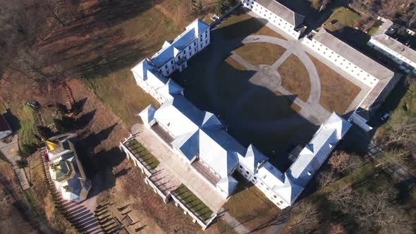 Aerial View of the Quadcopter of the Vyshnivets Palace Ukraine in Autumn