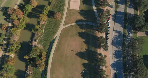 Birds eye view of Eleanor Tinsley park across from the downtown Houston area. This video was filmed
