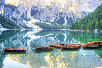 the Braies lake in the Italian Dolomites mountain range
