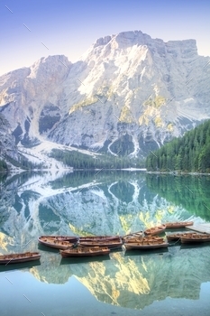  the Braies lake in the Italian Dolomites mountain range