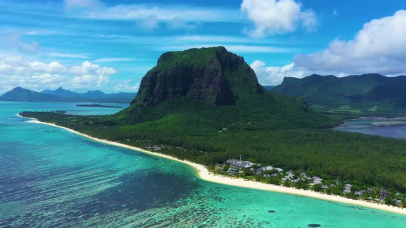 Mauritius beach island aerial view of Le Morne Brabant tropical Beach on south west. Aerial view