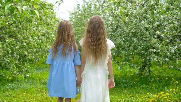 Adorable Little Girl in Blooming Apple Garden on Beautiful Spring Day