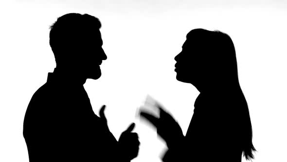 Silhouette of Couple Fighting Against White Background