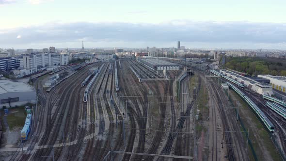 Train Station Aerial Drone. A drone flies over a train station. 