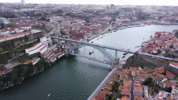 Famous Dom Luis Bridge over Douro River in Porto, Aerial View