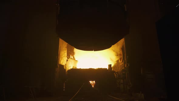 Steelmaking Furnace View Steel Melting Process Loading Scrap Metal Into Smelting Furnace Huge