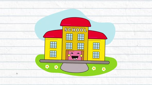 Animation of a school with a smile on blue lines on a white background