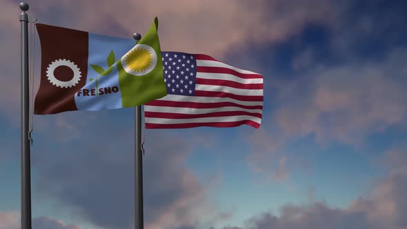 Fresno City Flag Waving Along With The National Flag Of The USA - 4K