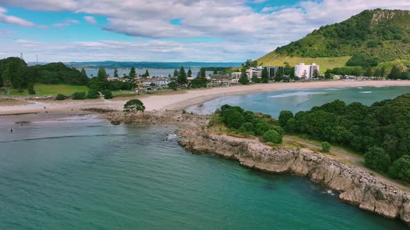 Fly around revel of Mt Maunganui in Tauranga, New Zealand.