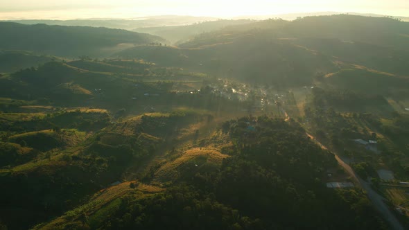 4K Aerial view of Mountains landscape with morning fog.