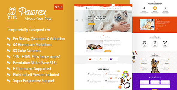 Pawrex: Pet Sitter, Groomer and Animal Shelter Html5 RTL Template