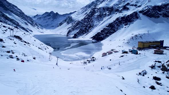 Ski station center at Andes Mountains. Snow winterness scenery.