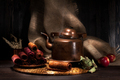 still life sweet dried apples and vintage copper kettle with tea. rustic style - PhotoDune Item for Sale