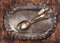 Vintage spoon on vintage plate. Vintage cutlery - PhotoDune Item for Sale