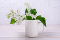 White coffee mug mockup with blooming white lilac - PhotoDune Item for Sale