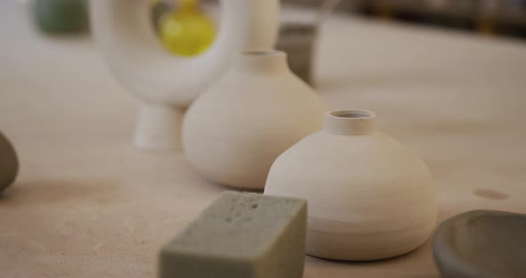 View of various hand made pottery at pottery studio