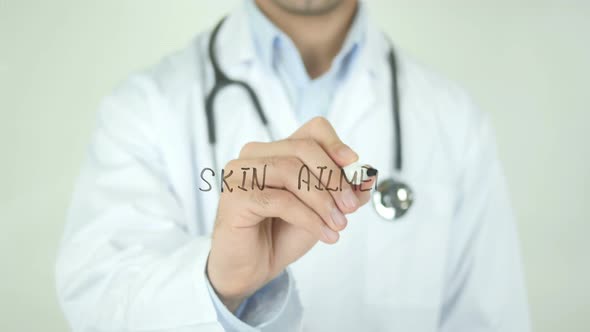 Skin Ailments, Doctor Writing on Transparent Screen
