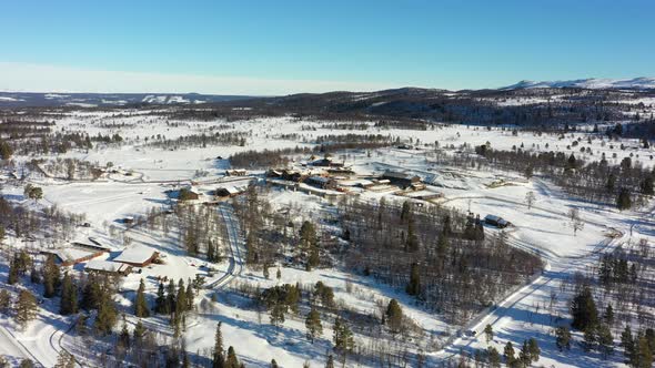 Langedrag nature park panoramic aerial view during sunny winter morning - Rotating slowly around ani