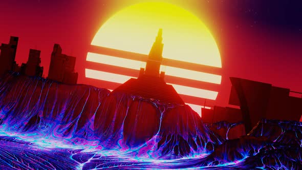Retro Futurism City with Boiling Lava and Vintage Sun
