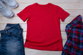 Unisex red T-shirt mockup with trainers and jeans - PhotoDune Item for Sale